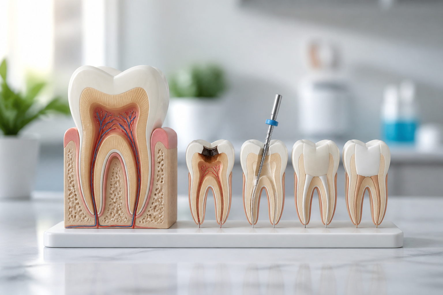 Diagram showing the internal structure of a tooth and a root canal treatment