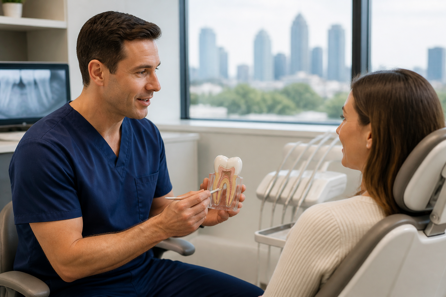 Endodontist explaining root canal procedure to a patient in Charlotte, NC
