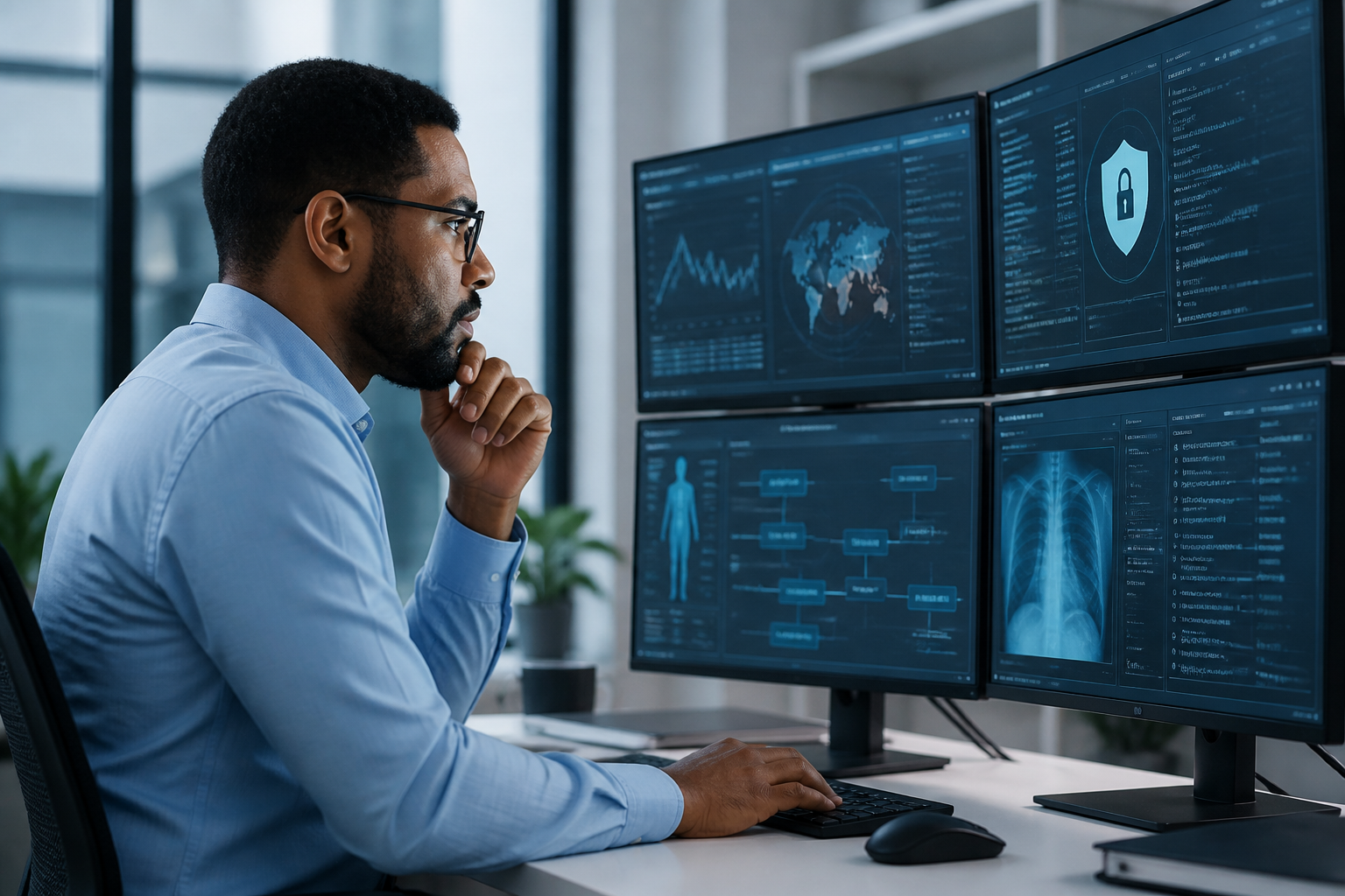 A cybersecurity expert monitoring multiple screens displaying network activity and potential threats to healthcare data.