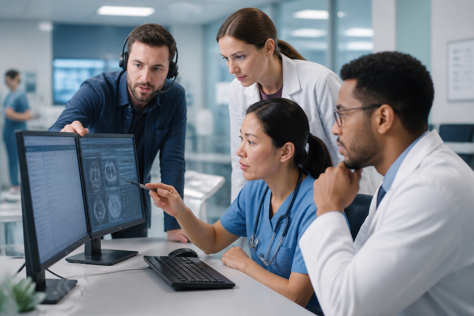 A healthcare team collaboratively reviewing patient data on an integrated EHR system while a tech support member assists.