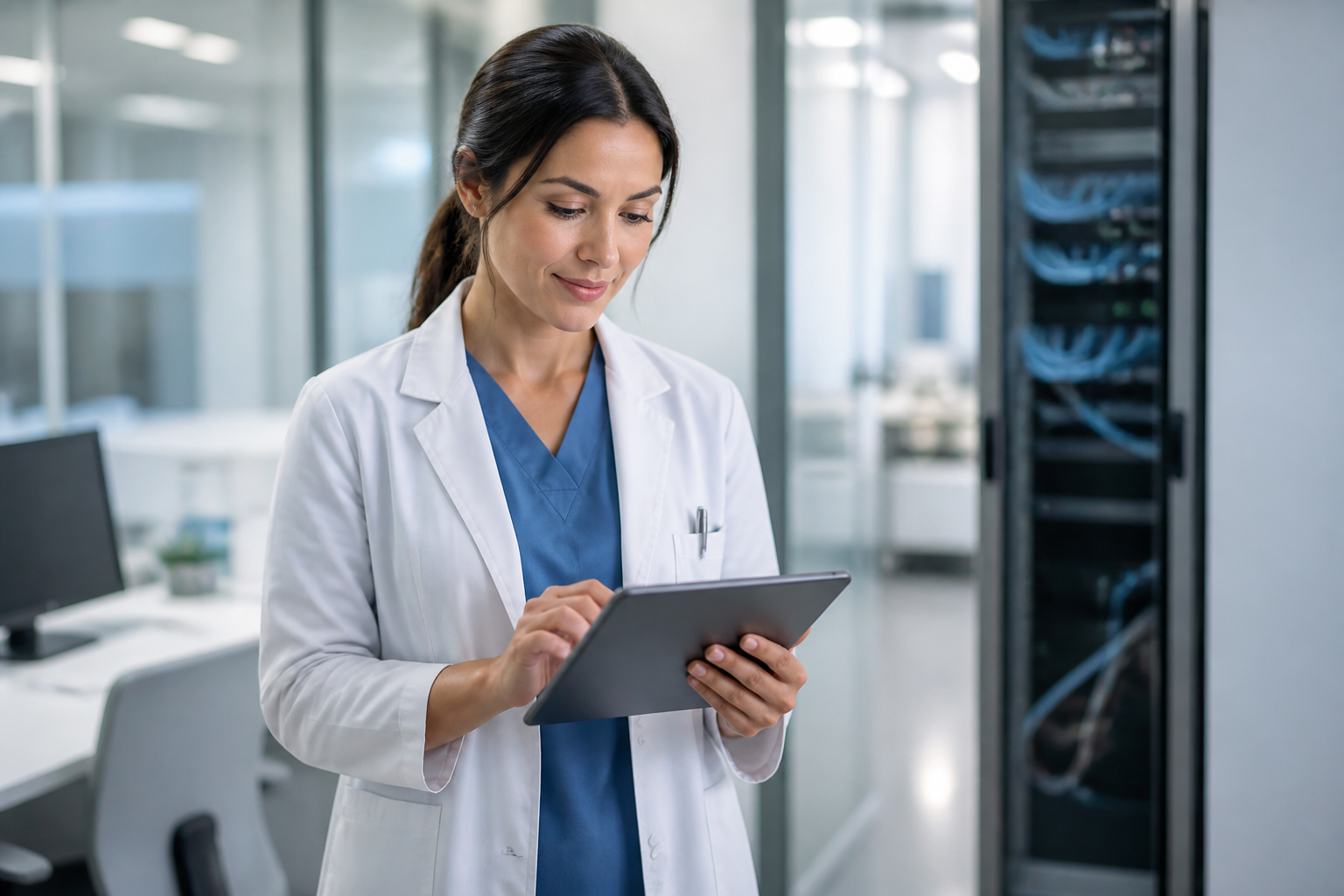 A medical professional using a tablet in a modern clinic setting with secure IT infrastructure.