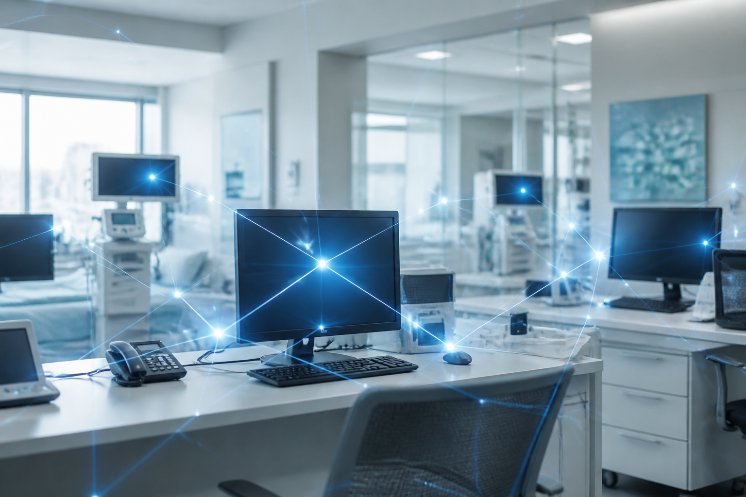Computer network glowing with data connections in a medical office