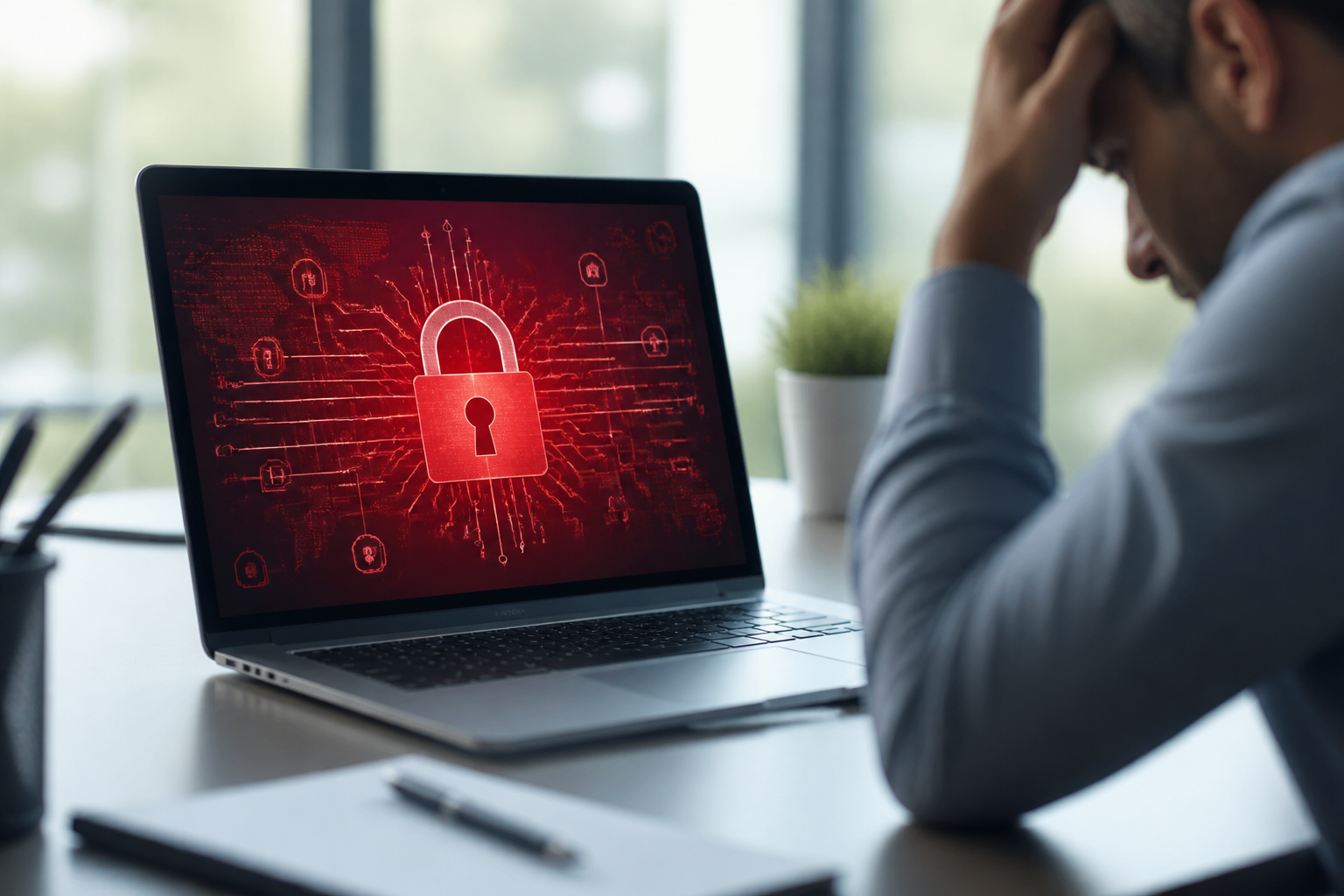 Cybersecurity threat graphic showing a ransomware attack
