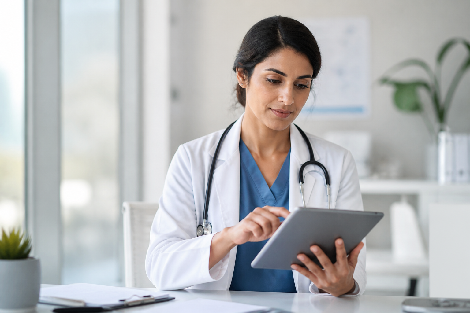Medical professional using an EHR system on a tablet