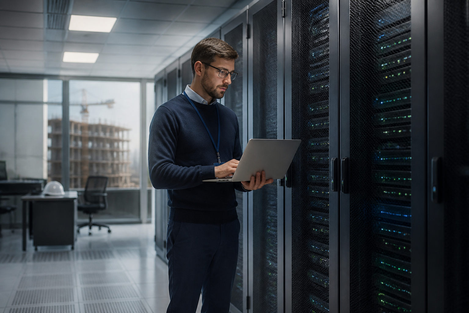 A secure server room with data infrastructure for a construction company