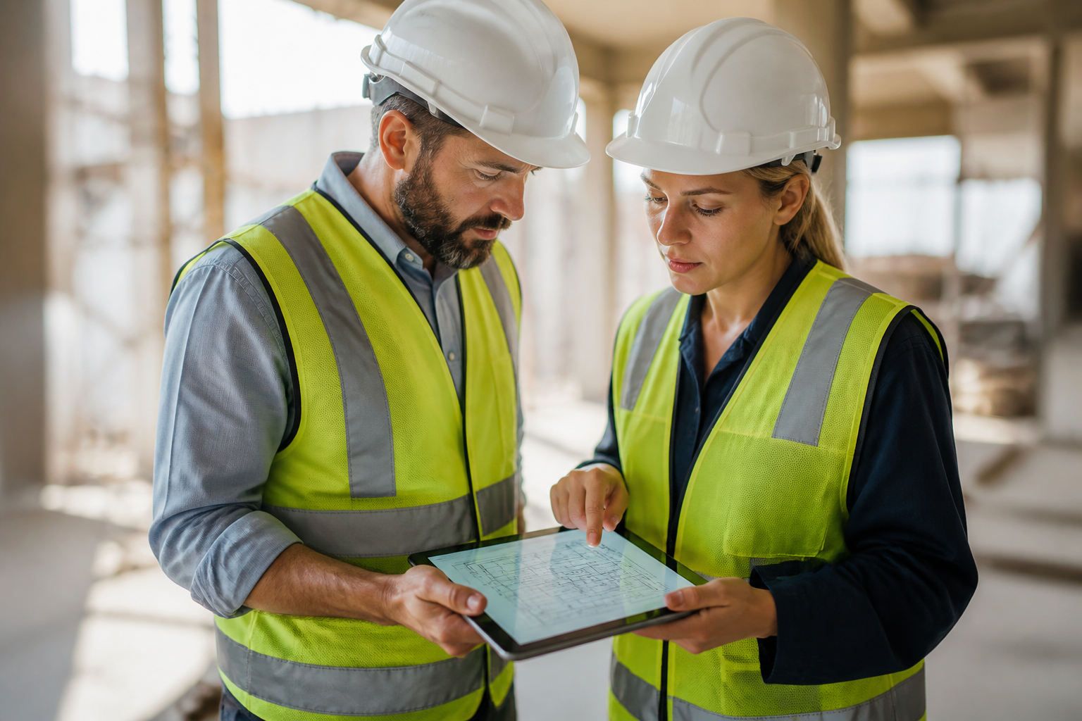 Construction workers reviewing digital blueprints on a tablet, highlighting technology integration