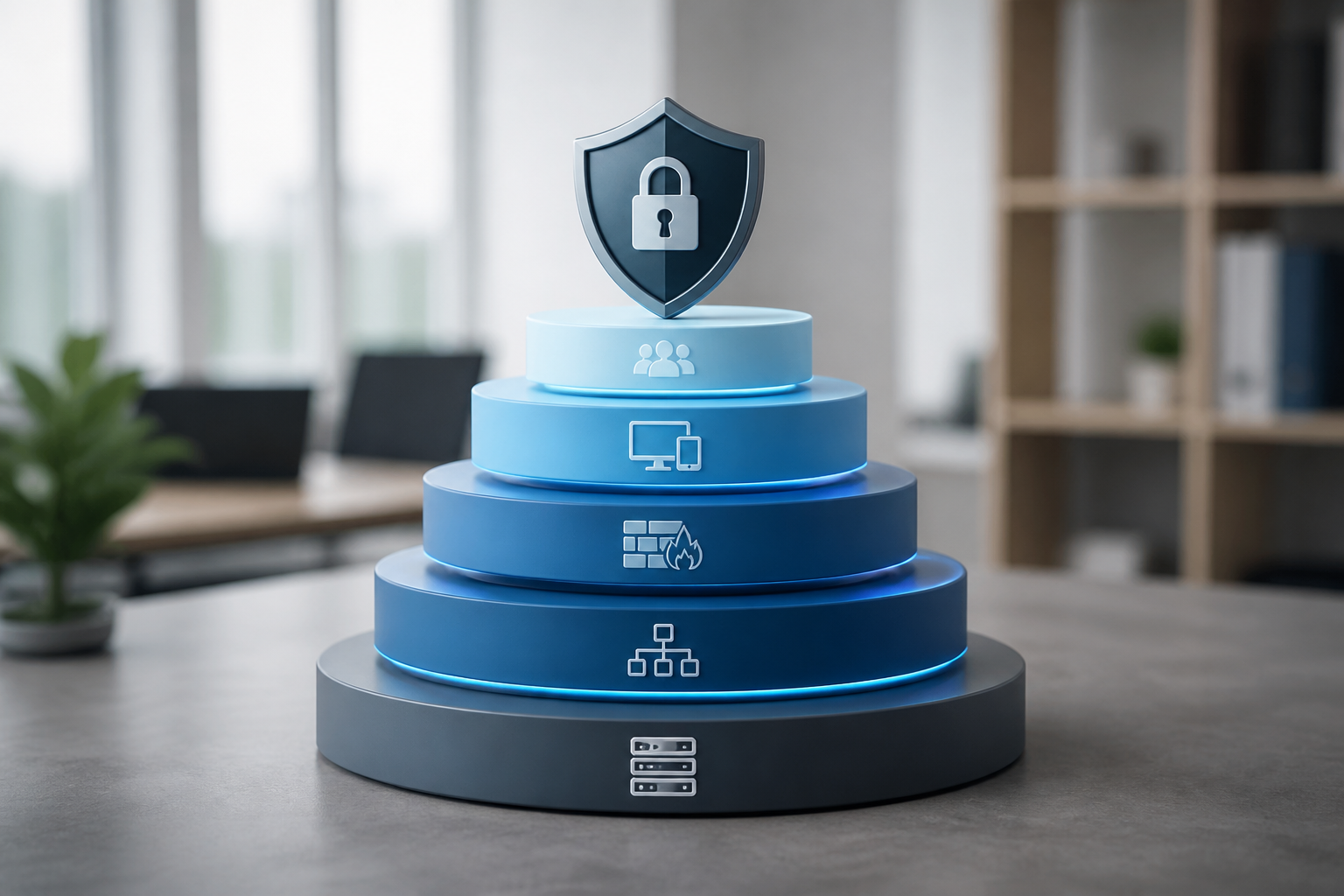 Diagram showing layers of cybersecurity protection for a small business network