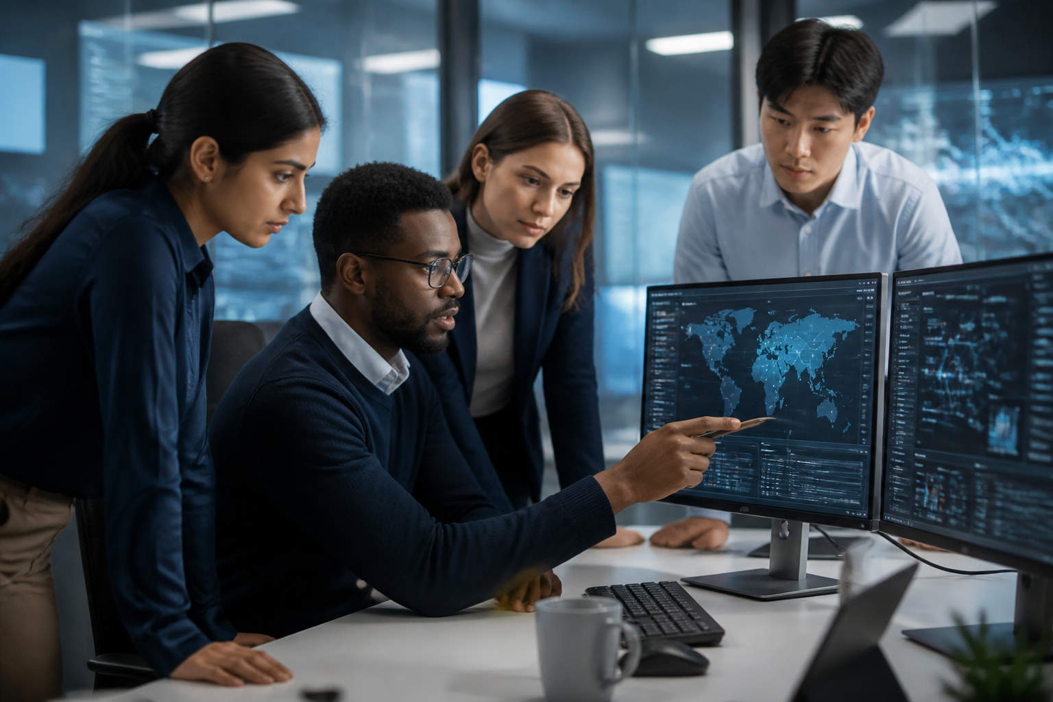 Diverse team of IT professionals collaboratively analyzing cybersecurity threat data