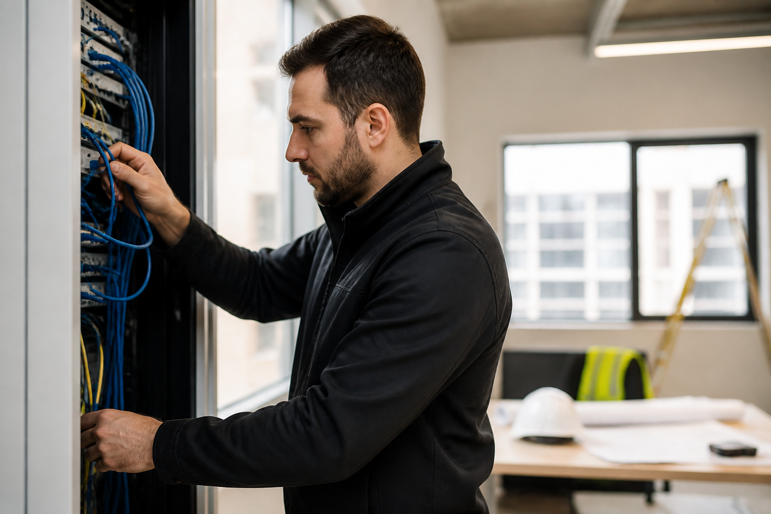 IT technician inspecting network cabling in a construction site office