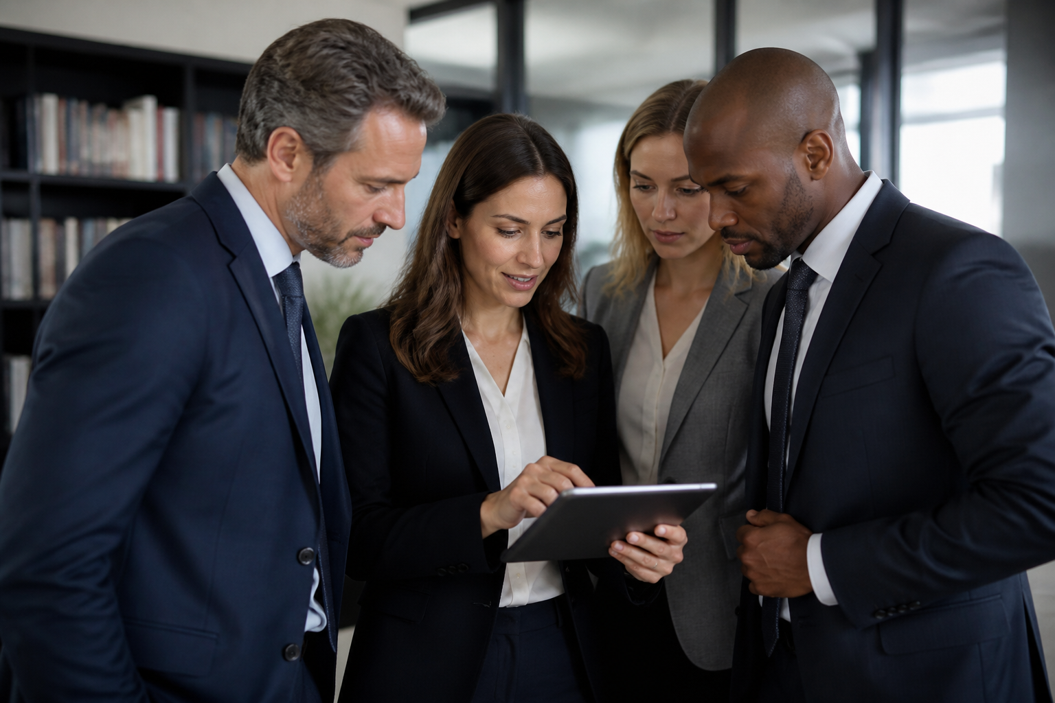 Legal team collaborating around a tablet, accessing shared files