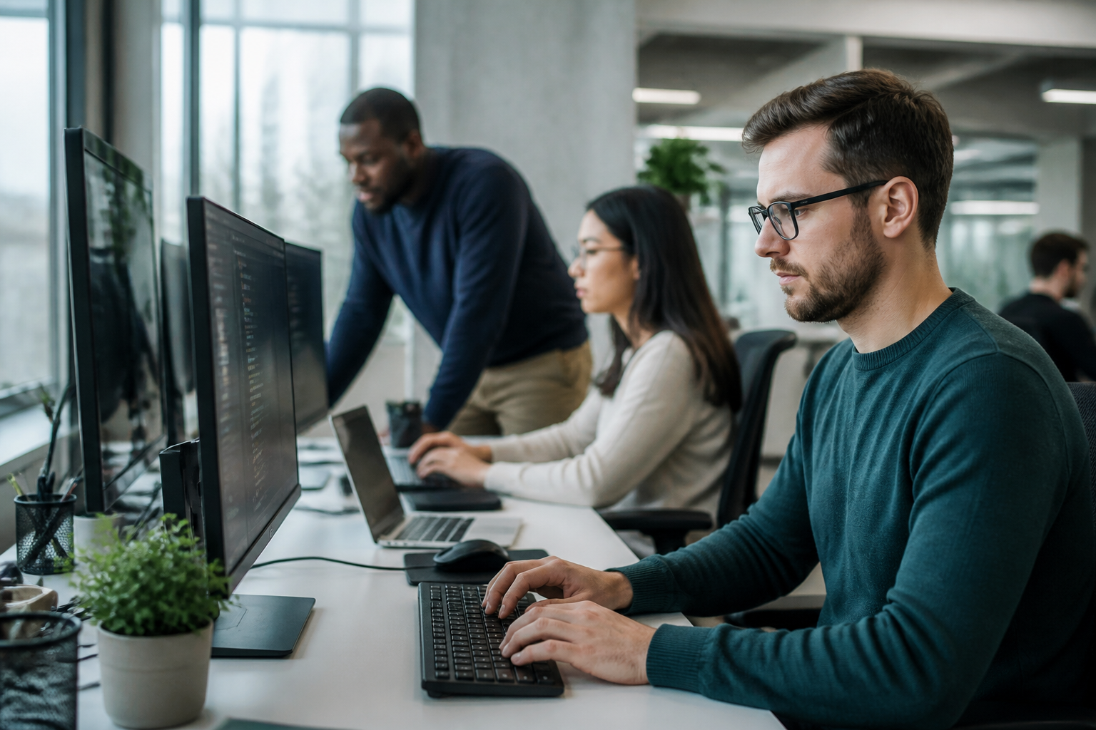 Team of IT professionals working on various systems
