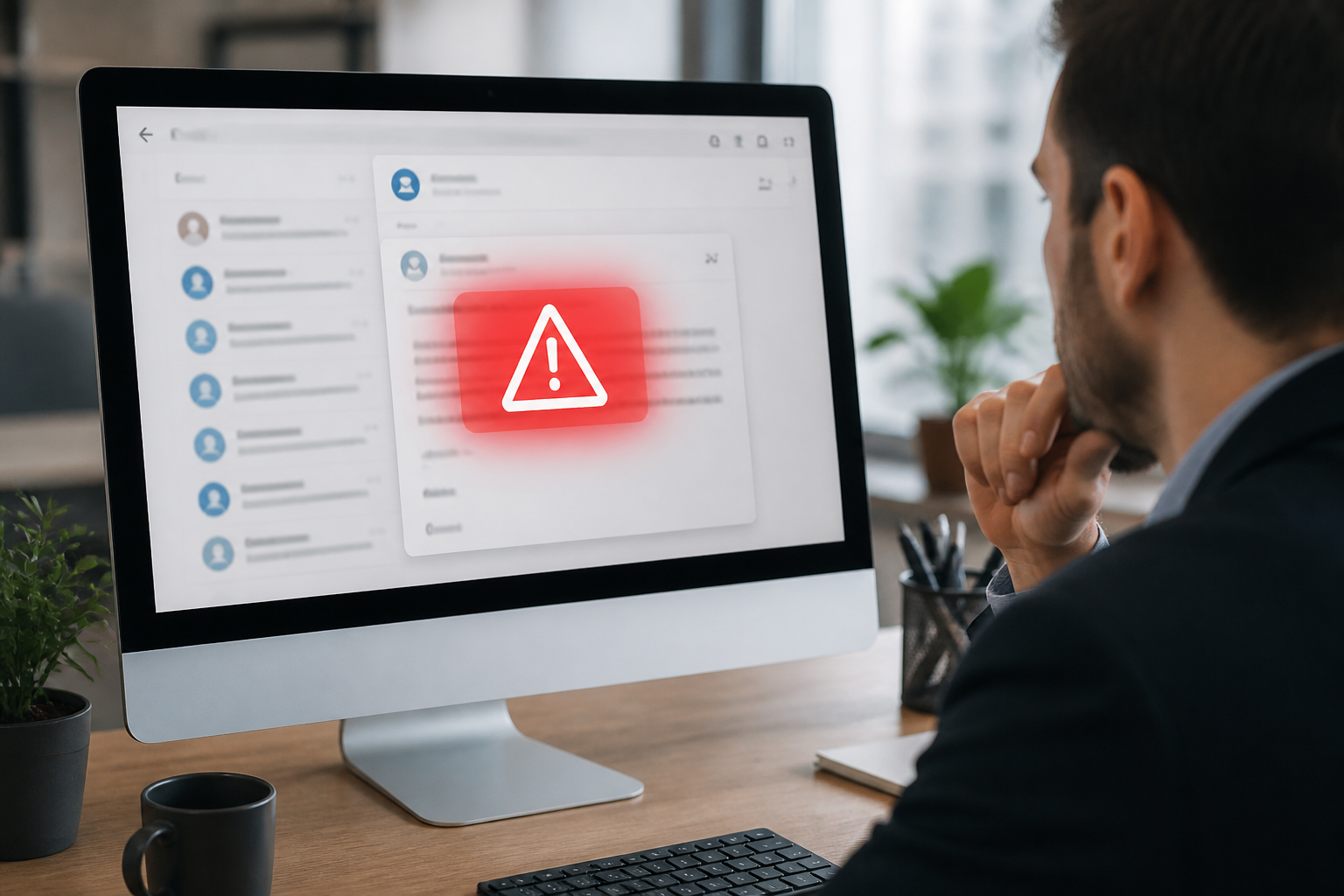 A computer screen showing a suspicious email with a red warning symbol, indicating a phishing attempt.