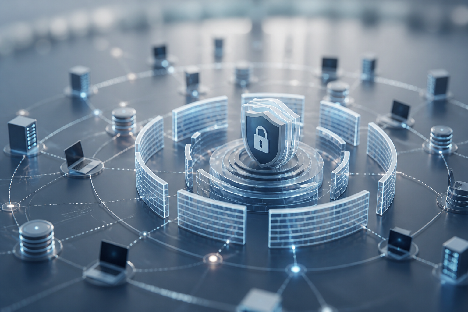 A digital rendering of a network protected by multiple security layers.
