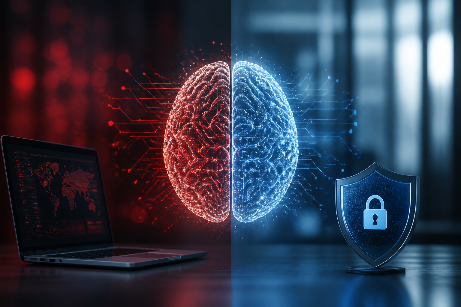 A graphic illustrating AI's dual role in enhancing both cyberattacks and cybersecurity defenses.
