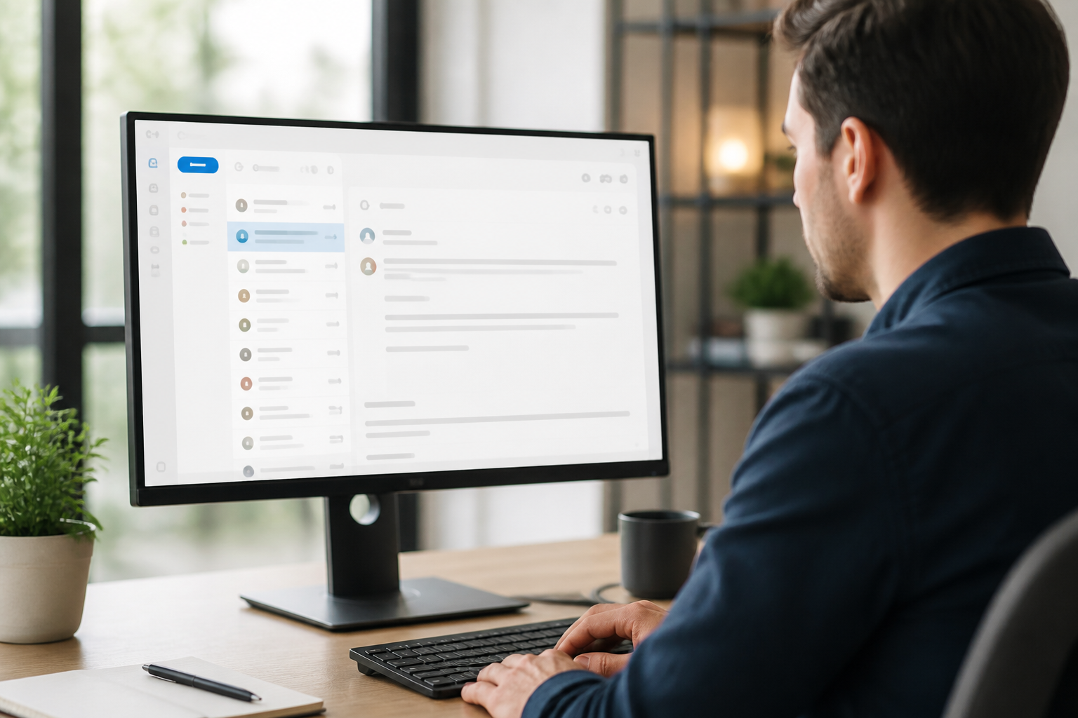 A person reviewing the new Microsoft Outlook interface on a desktop computer.