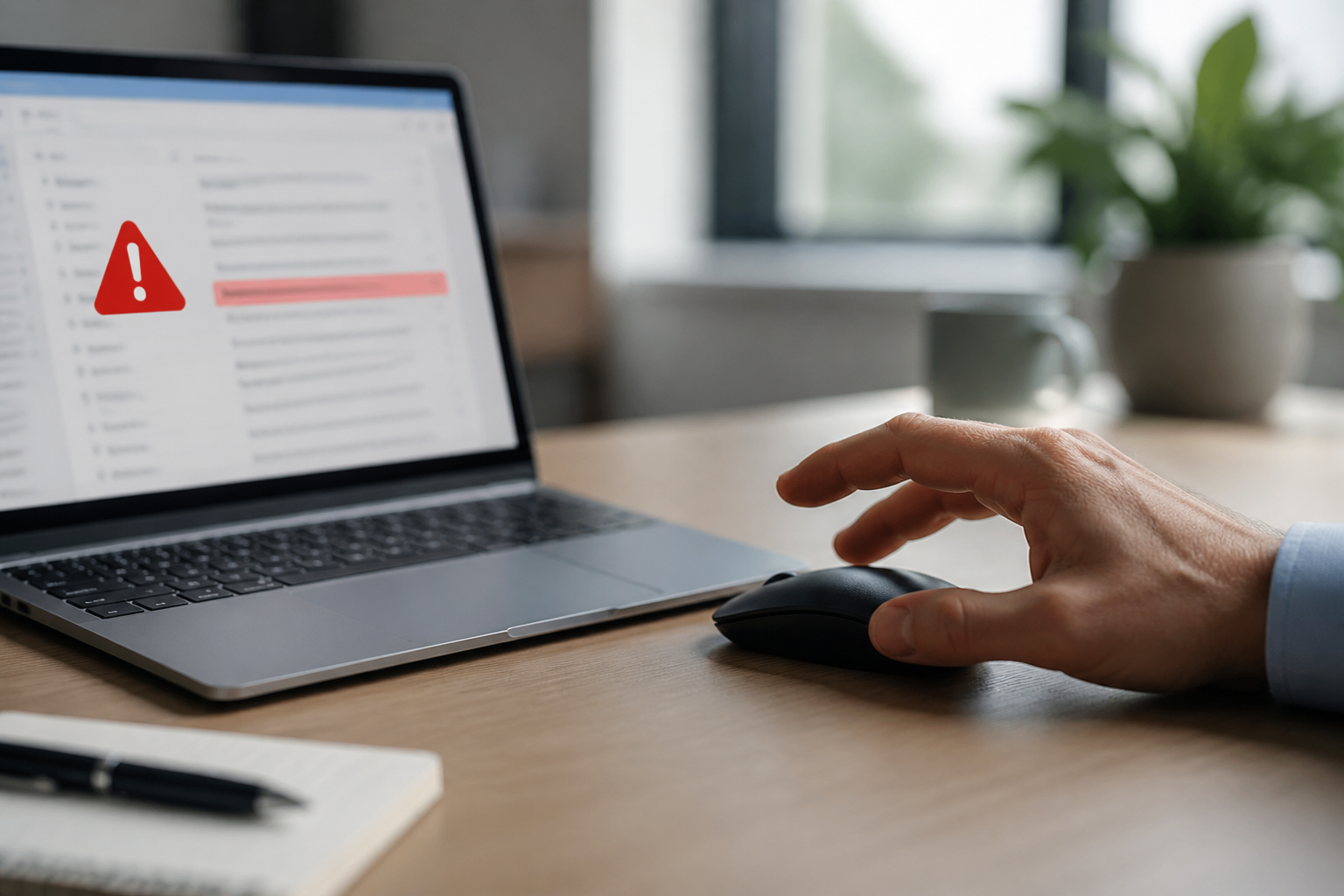 A person's hand hovering over a mouse, contemplating clicking a suspicious link in an email.