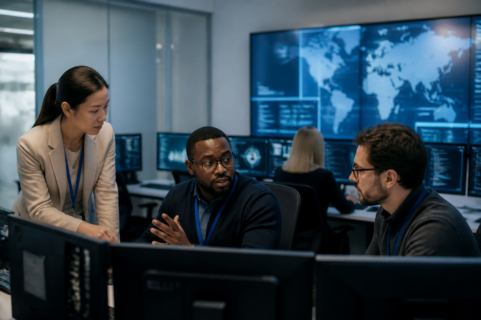 A team of cybersecurity professionals collaborating in a security operations center.