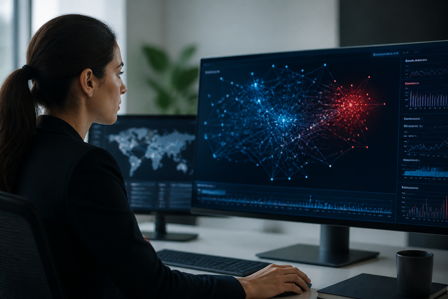 A visual representation of data analysis and pattern recognition by AI in a network security context.