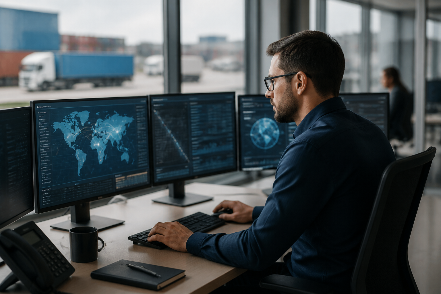 Cybersecurity professional monitoring network activity for a logistics company