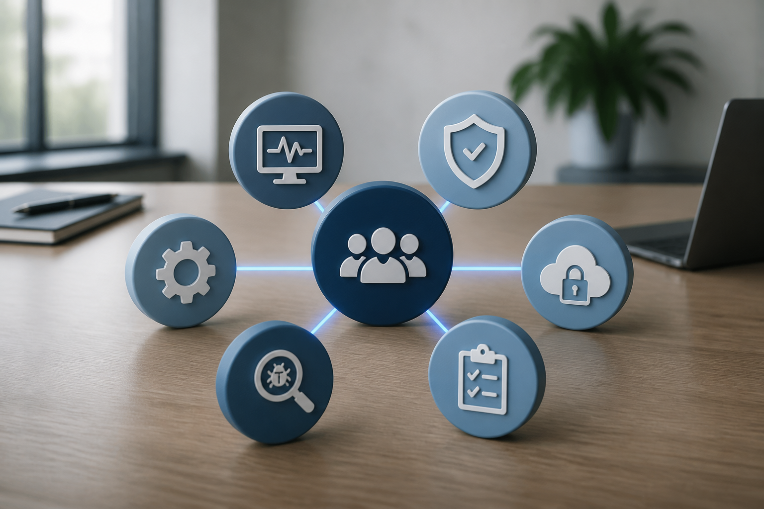 Diagram showing various services offered by an MSSP, including monitoring, threat detection, and compliance.