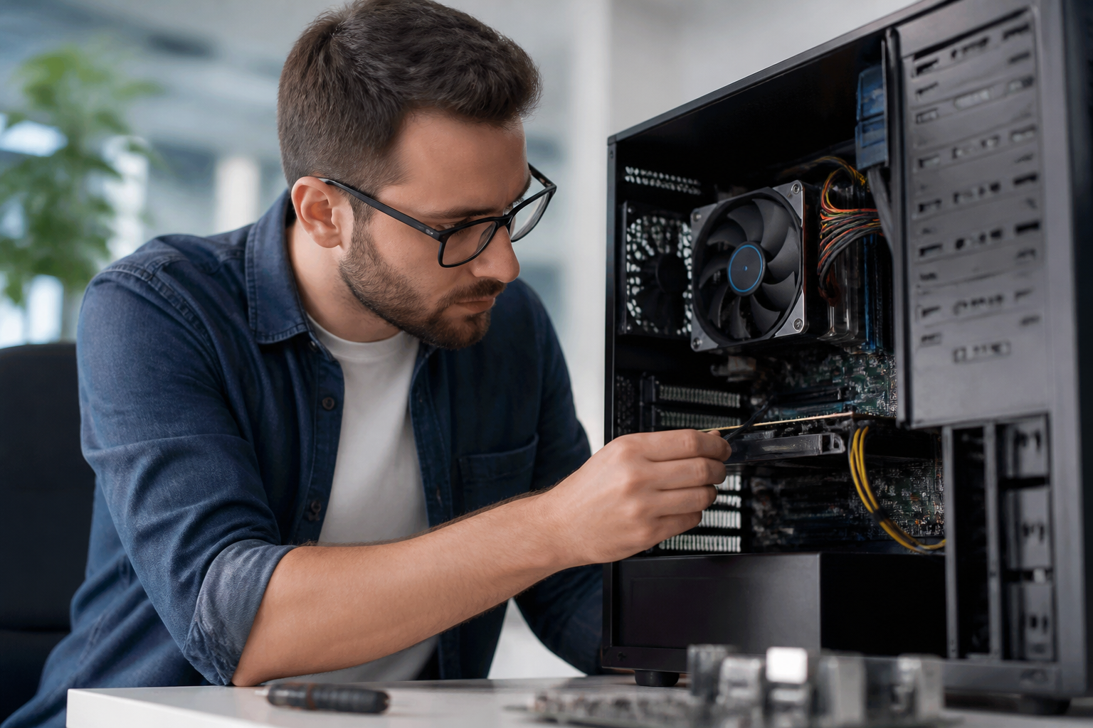 IT professional fixing a computer's internal components