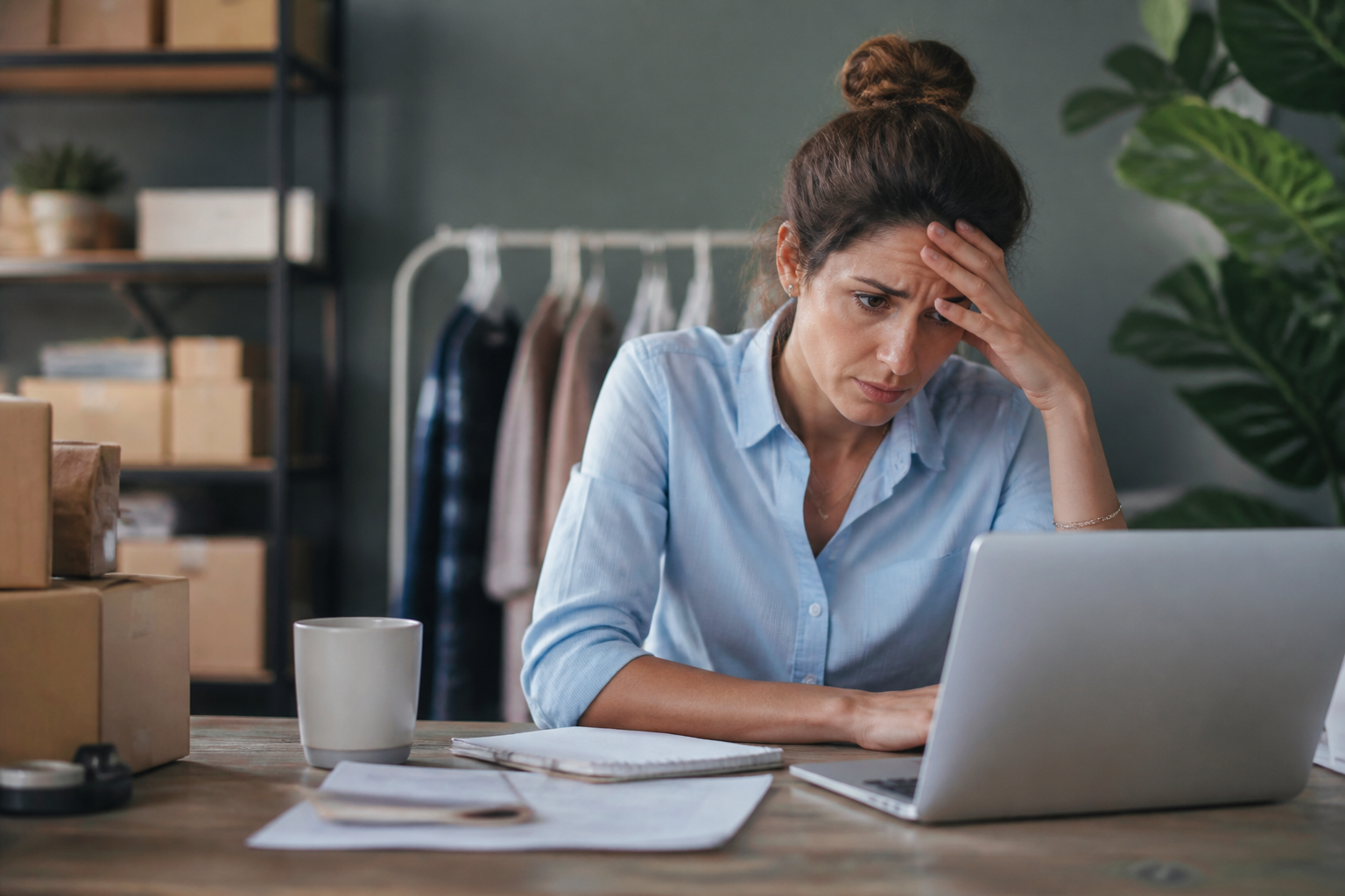 Small business owner looking stressed at a computer