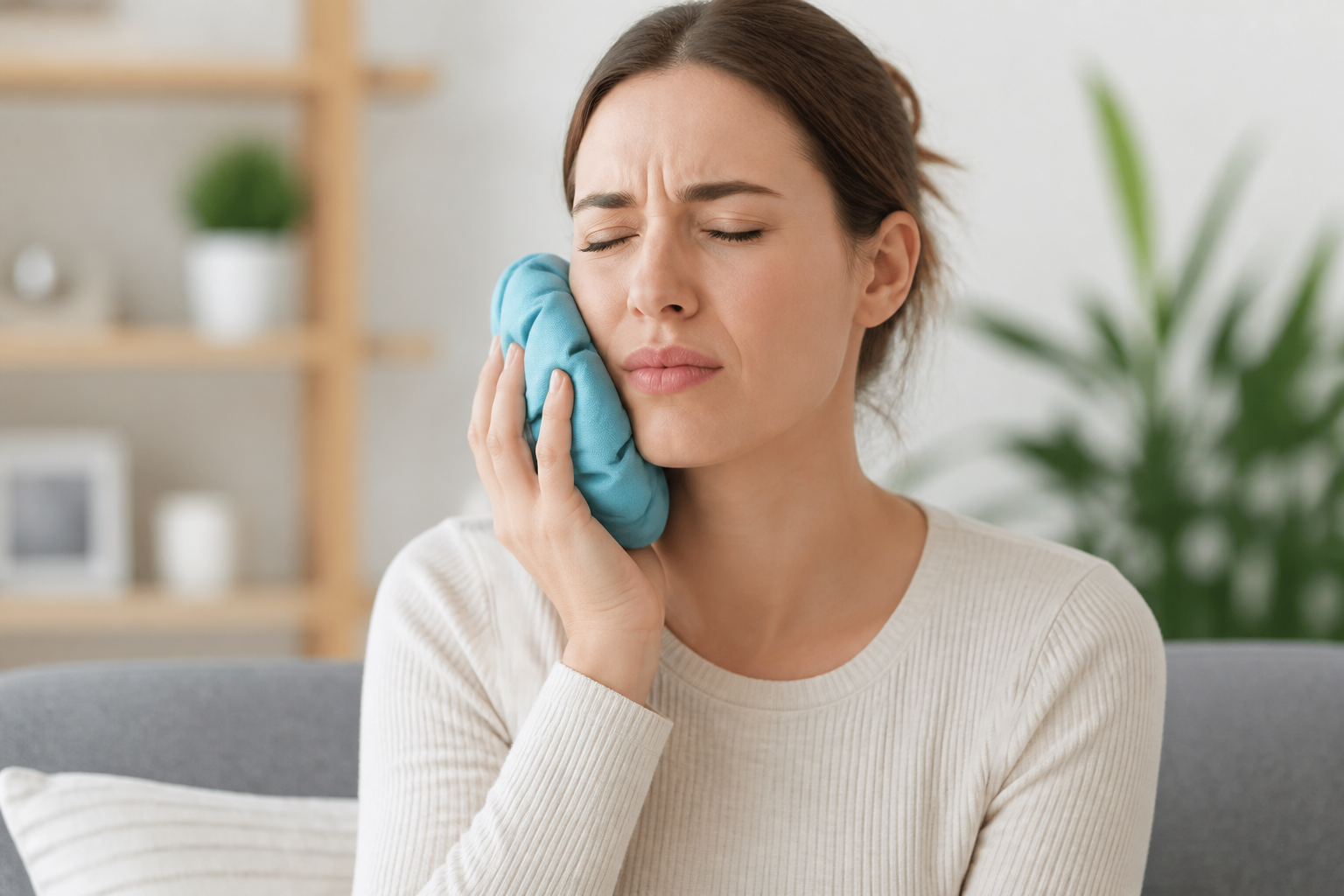 Someone applying a cold pack to their jaw for tooth pain relief