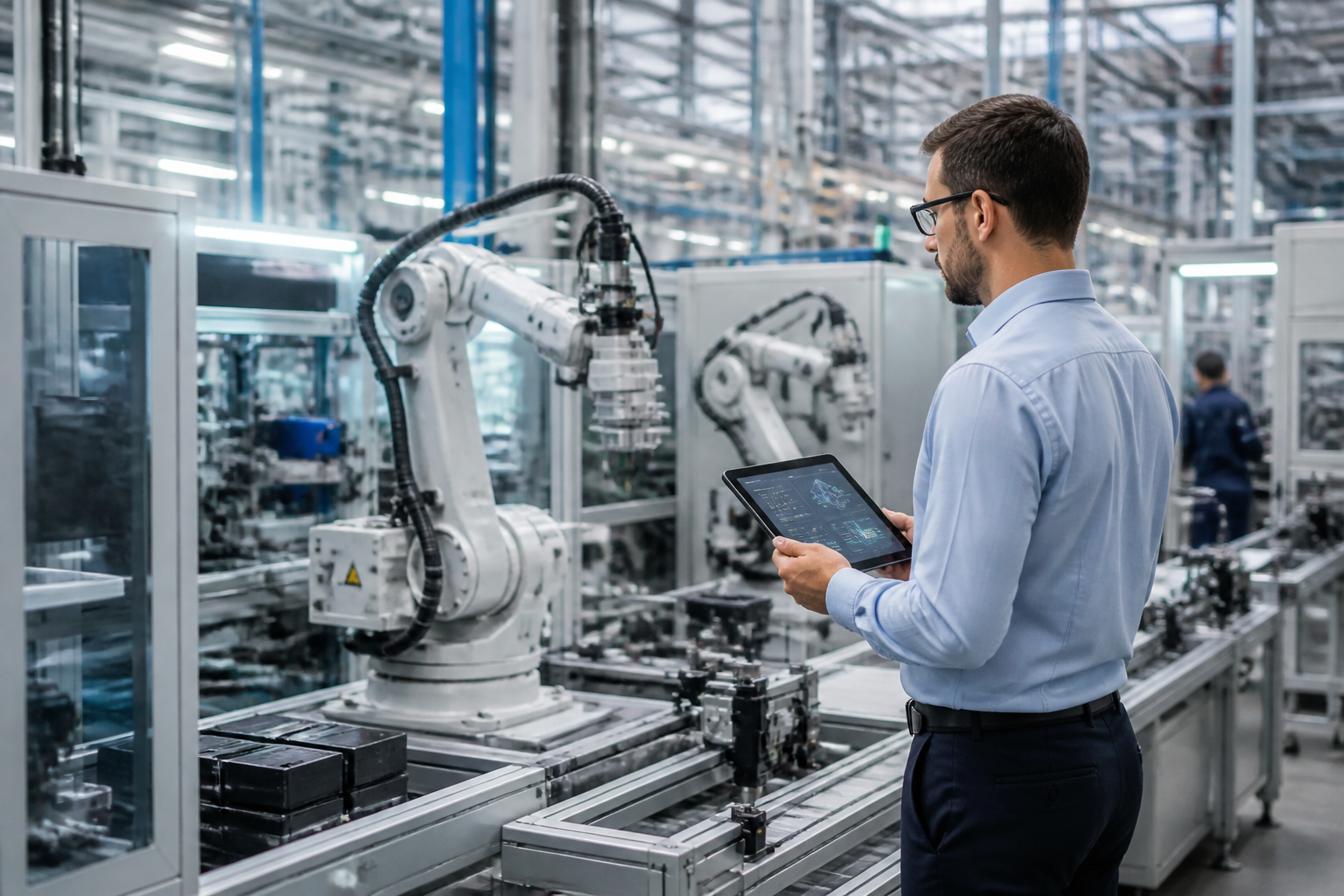 A factory floor with automated machinery and integrated IT systems.