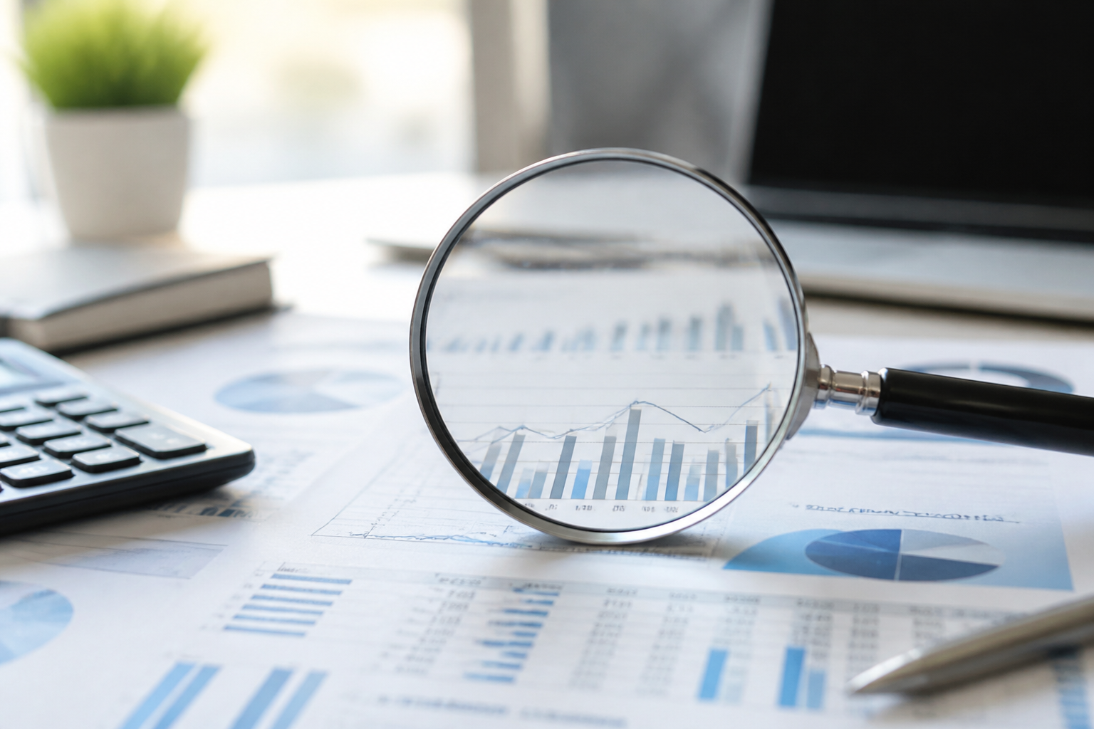 A magnifying glass hovering over financial documents, symbolizing the analysis of hidden IT costs