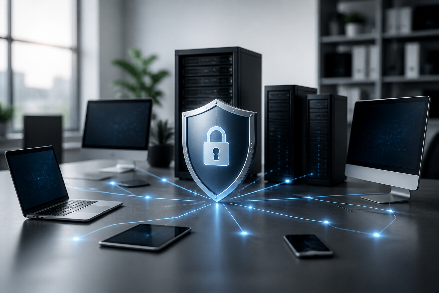 A network of computers and servers with a protective shield icon, illustrating comprehensive cybersecurity management.