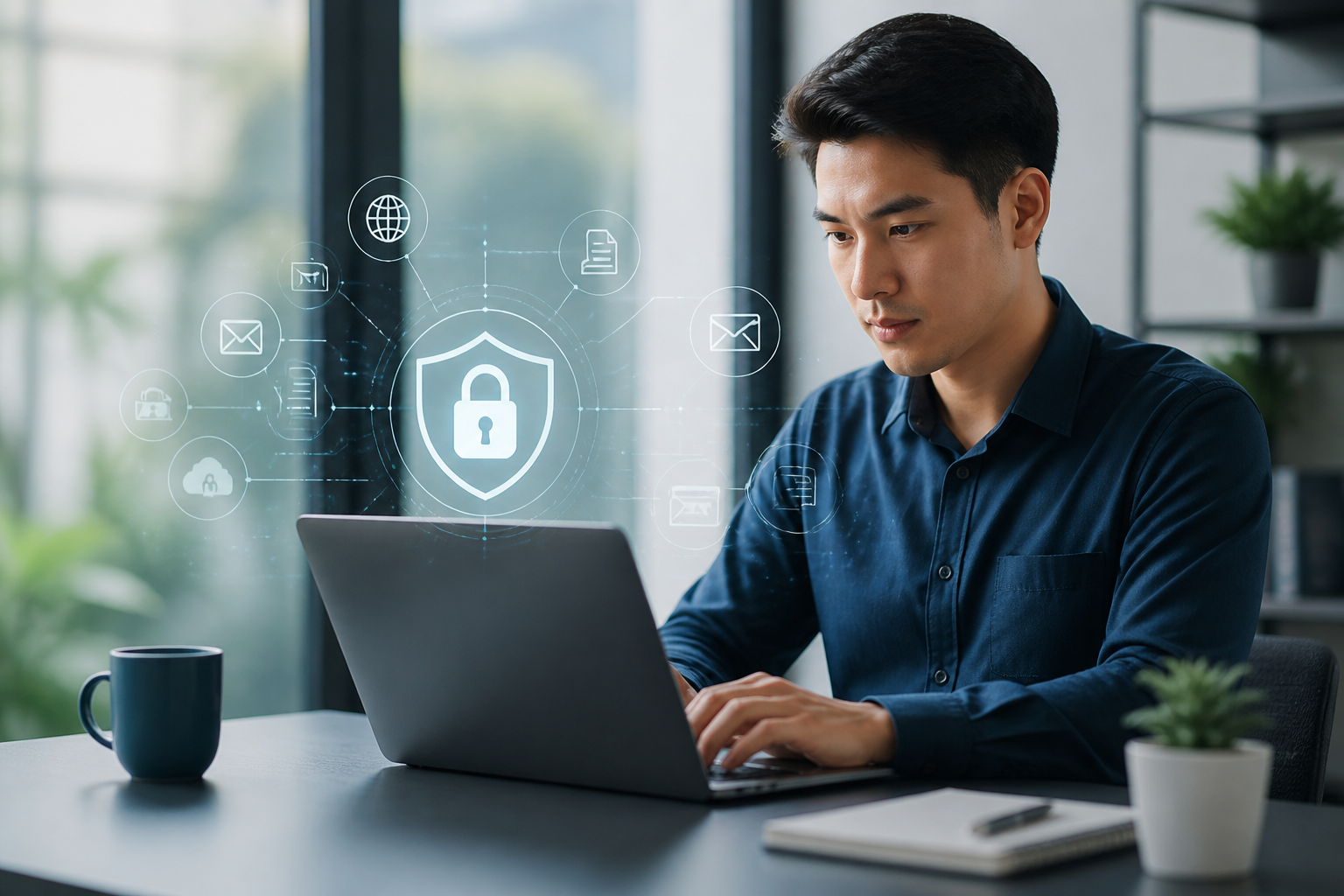 A person working on a laptop with digital security icons overlaid, representing cybersecurity defense.
