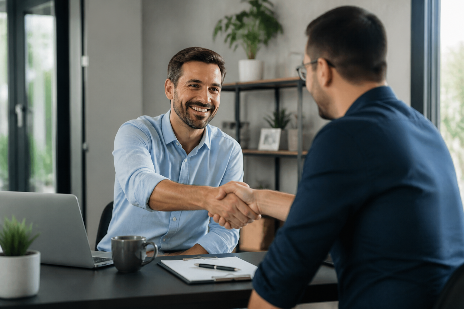 A small business owner shaking hands with an IT support professional, symbolizing trusted partnership.