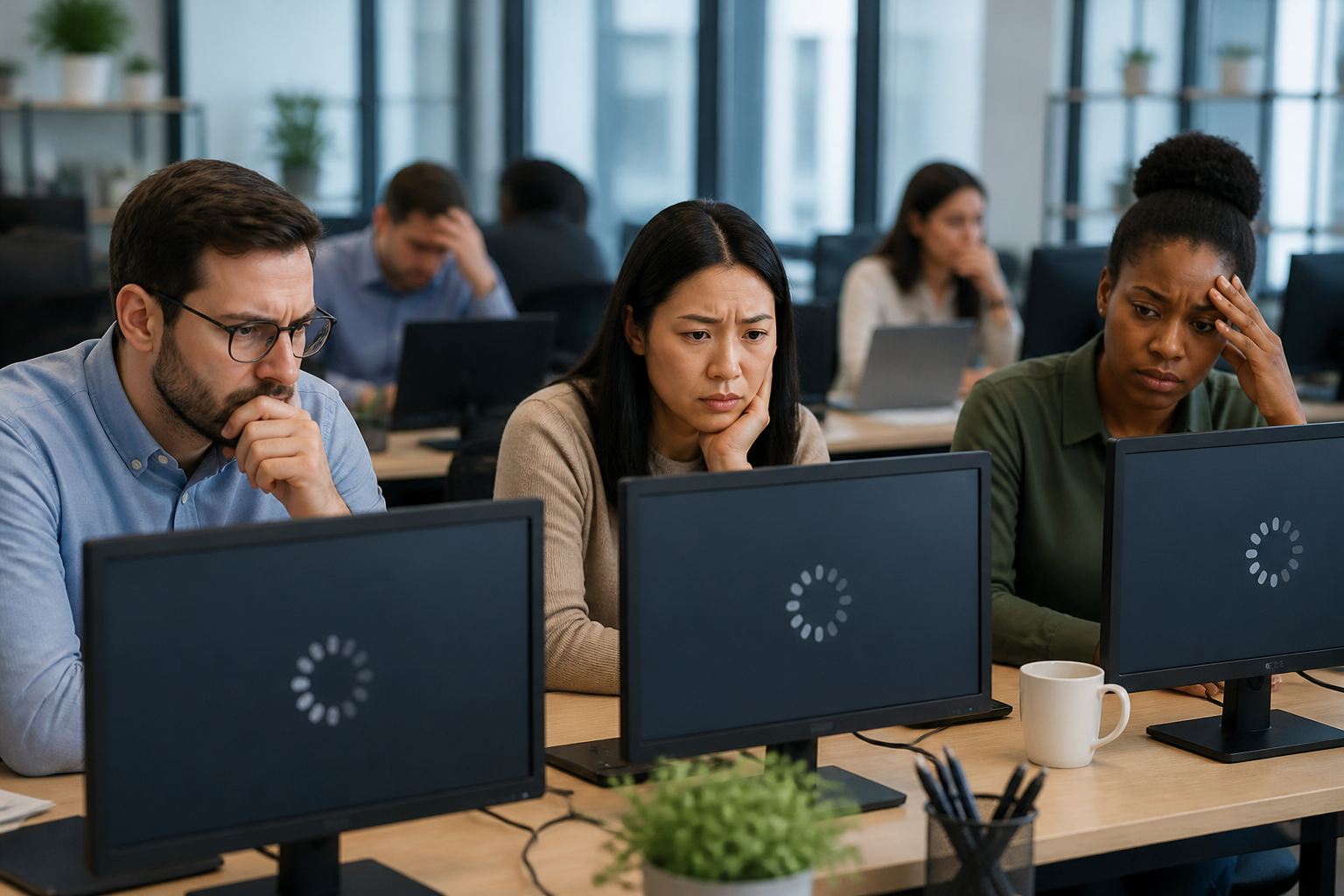 A team of employees looking at frozen computer screens during an IT outage