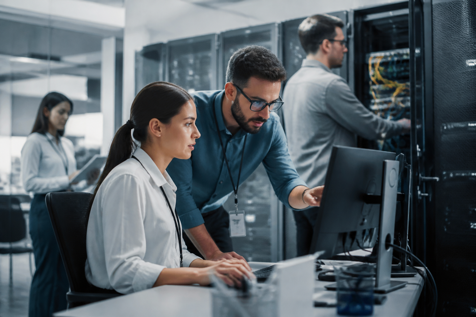 A team of IT professionals collaboratively managing network infrastructure