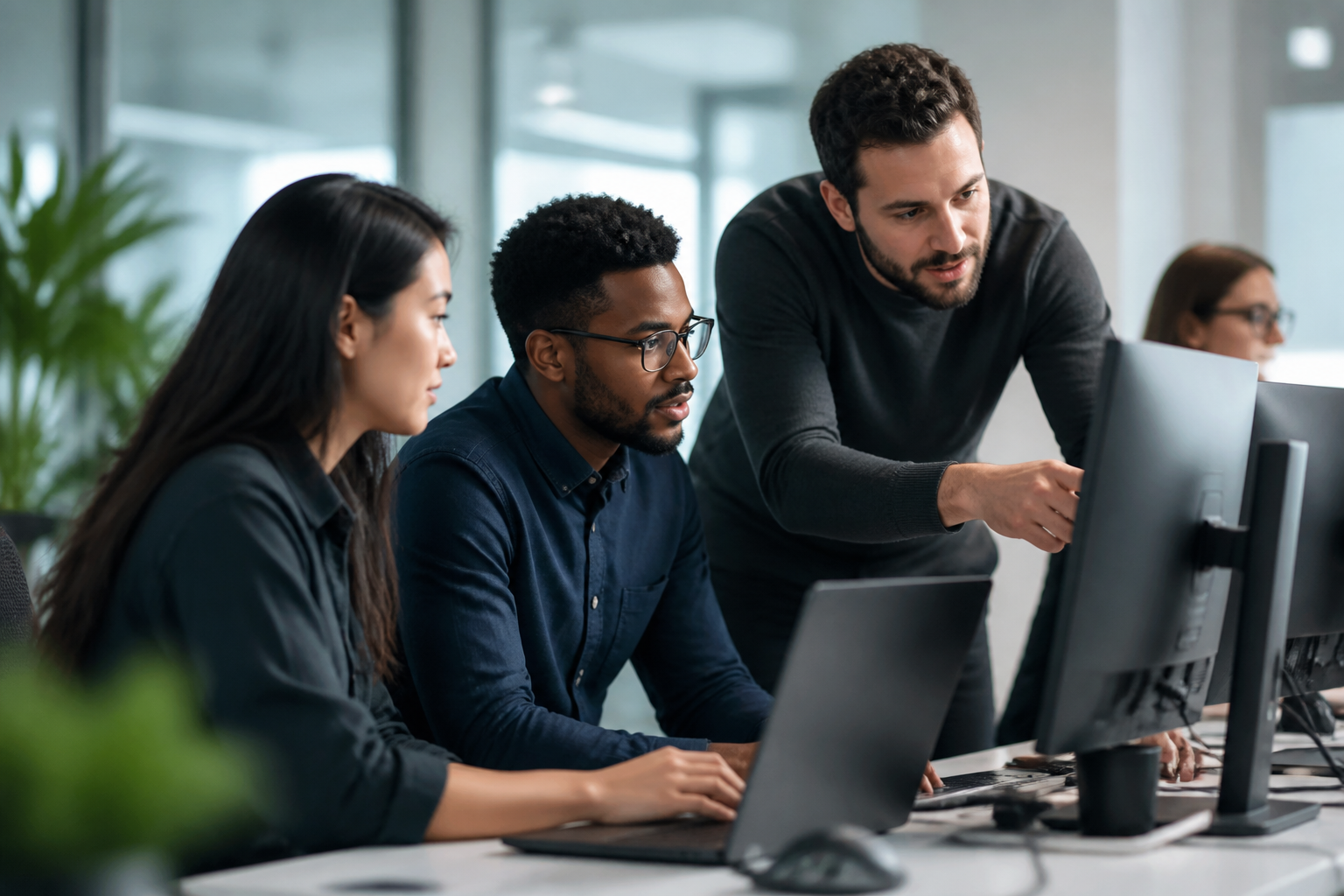 A team of IT professionals working collaboratively in an office environment