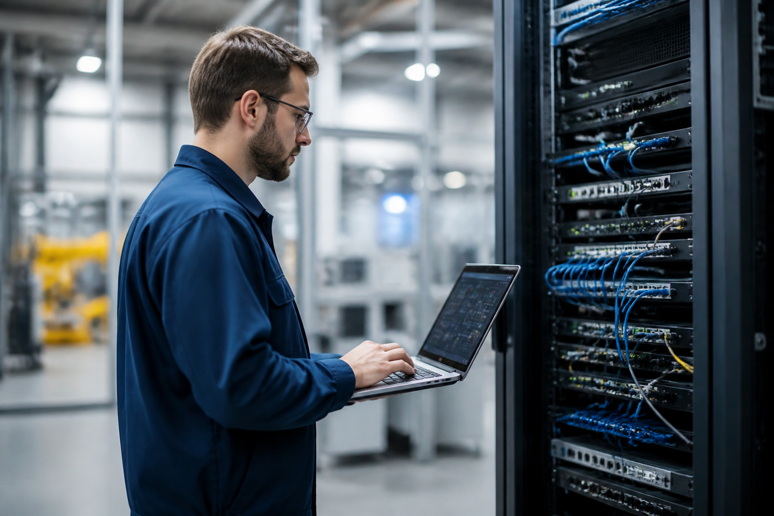 A technician monitoring a complex network server rack in a manufacturing facility.