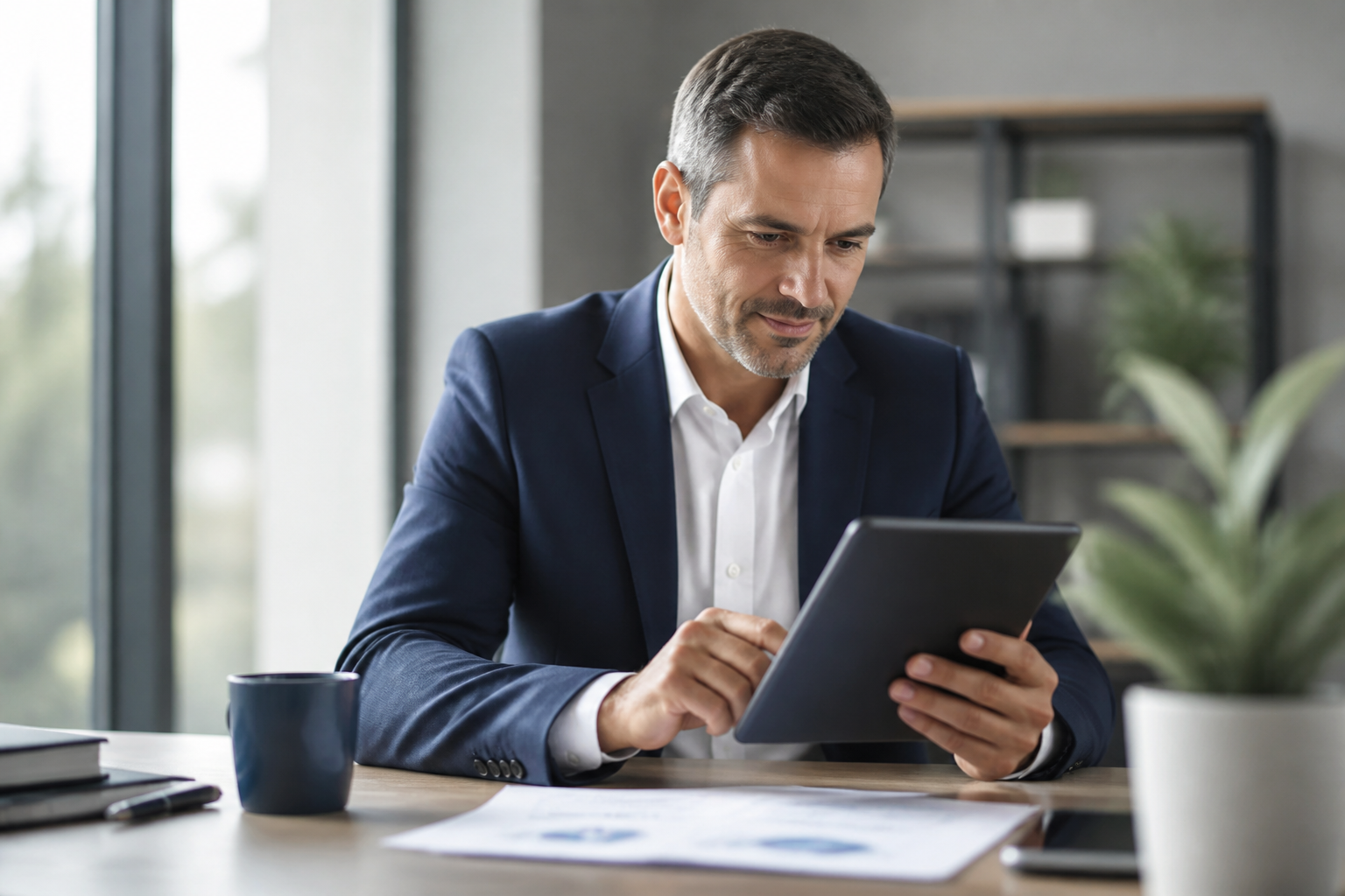 Business owner reviewing financial reports on a tablet