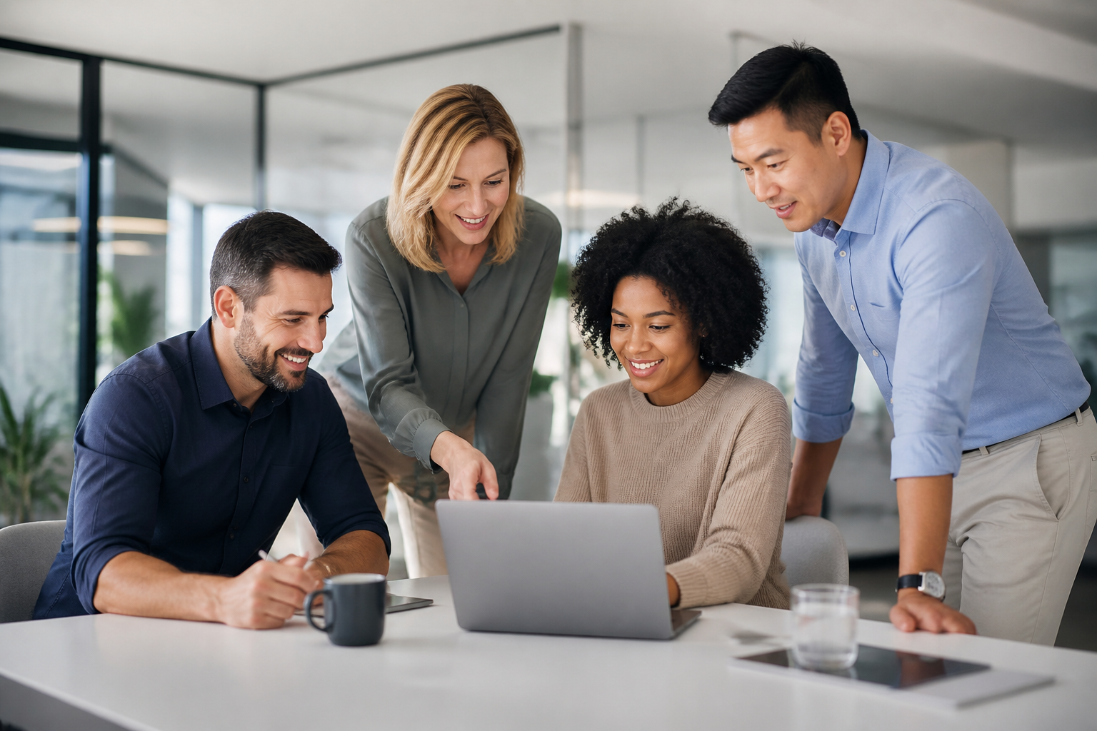 Business team collaborating efficiently around a laptop, powered by stable IT
