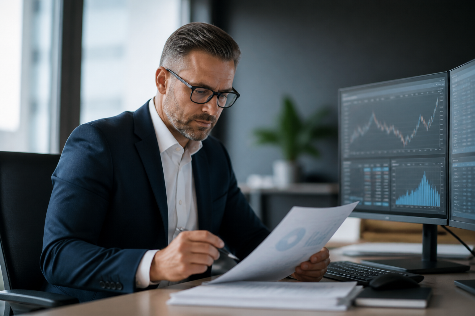 Financial professional reviewing data on a secure workstation