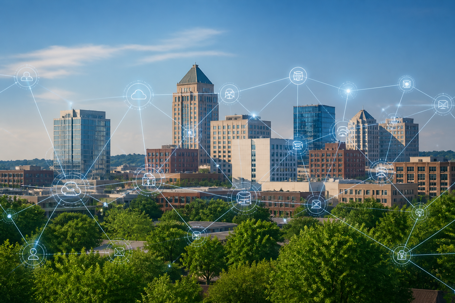 Greensboro skyline with digital overlay representing IT solutions