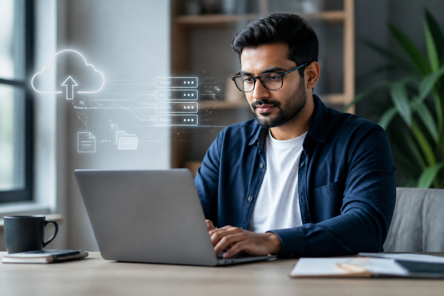 IT professional working on cloud server migration on a laptop