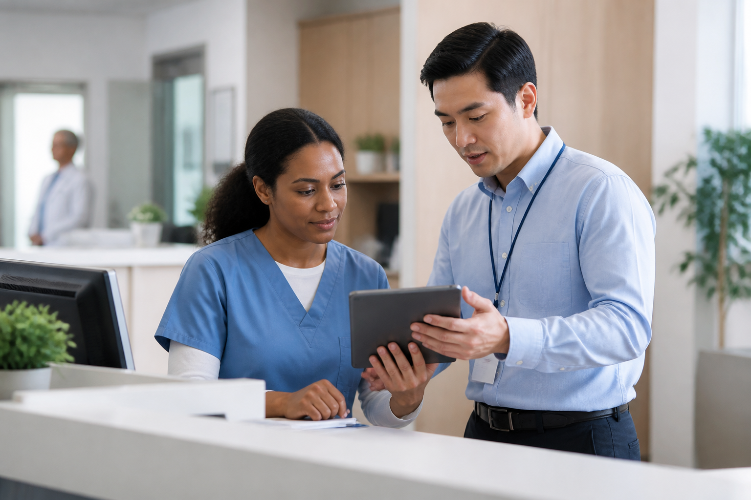 IT specialist assisting a clinic staff member with an EMR system on a tablet