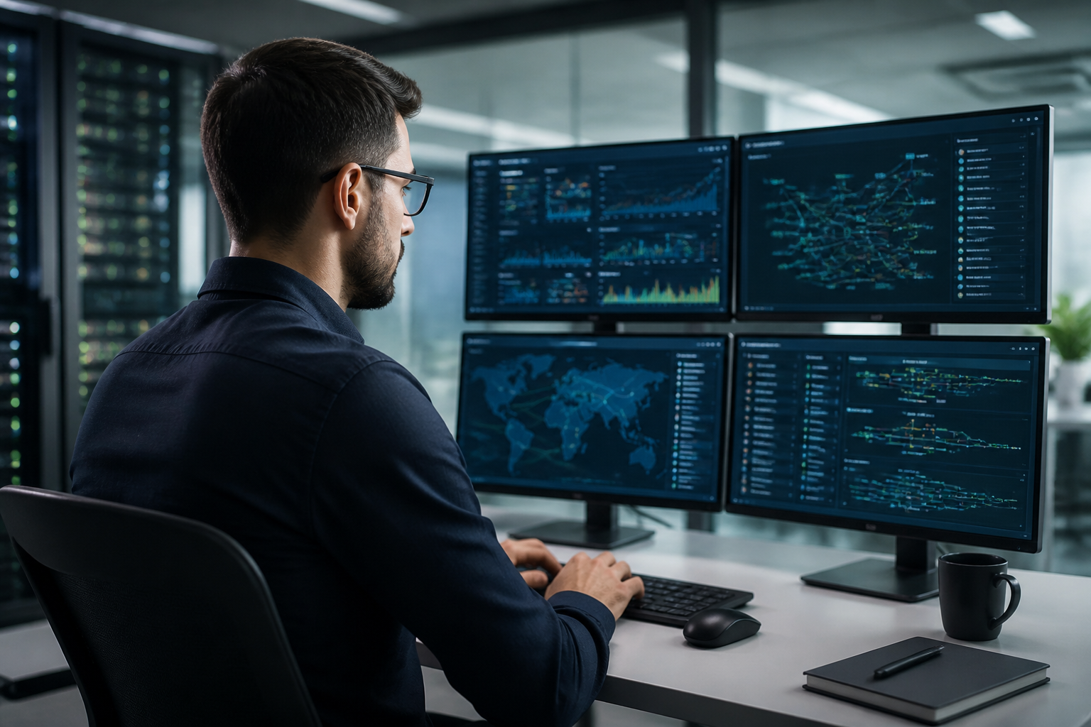 IT technician monitoring multiple screens with network infrastructure data