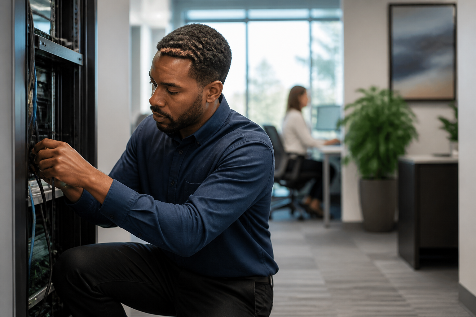 IT technician performing on-site maintenance in a Greensboro office