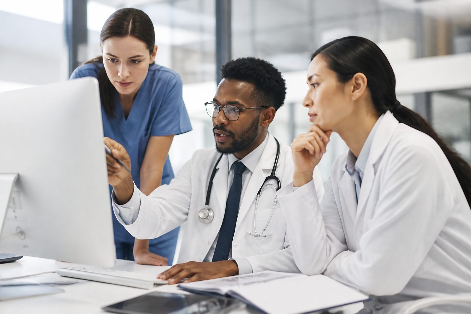Medical professionals collaborating around a computer with EMR software