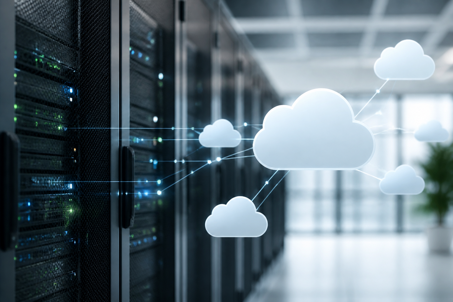 Server racks and cloud icons representing hybrid IT infrastructure
