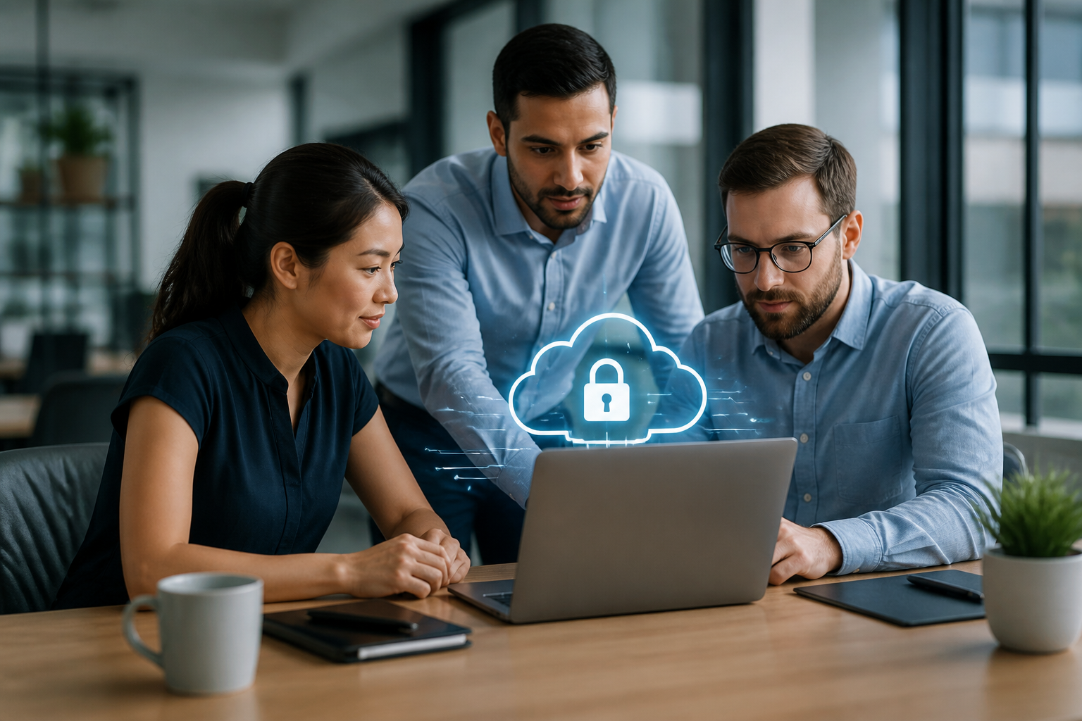 Team members collaborating securely with cloud technology