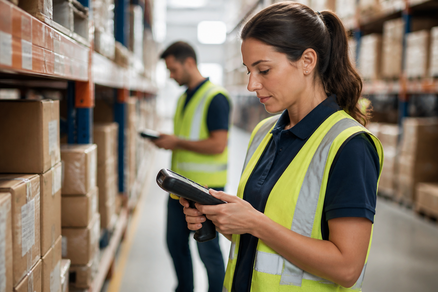 Warehouse workers using handheld scanners connected to a wireless network.