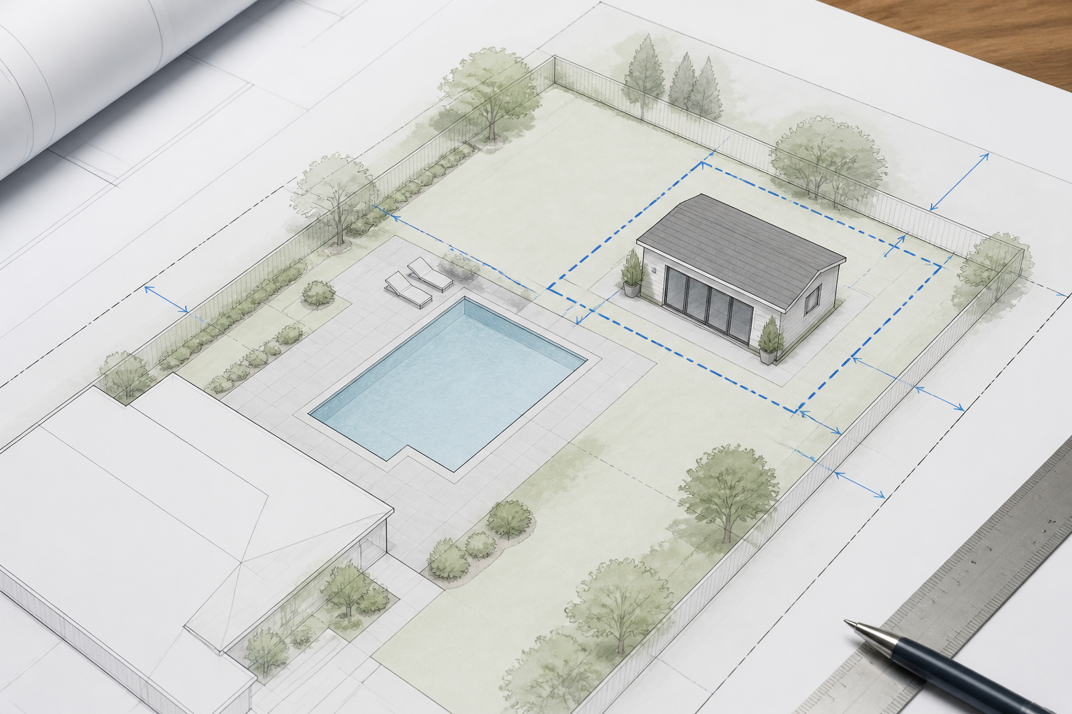 A blueprint illustration showing the placement of a pool house shed within a backyard, highlighting setback lines.