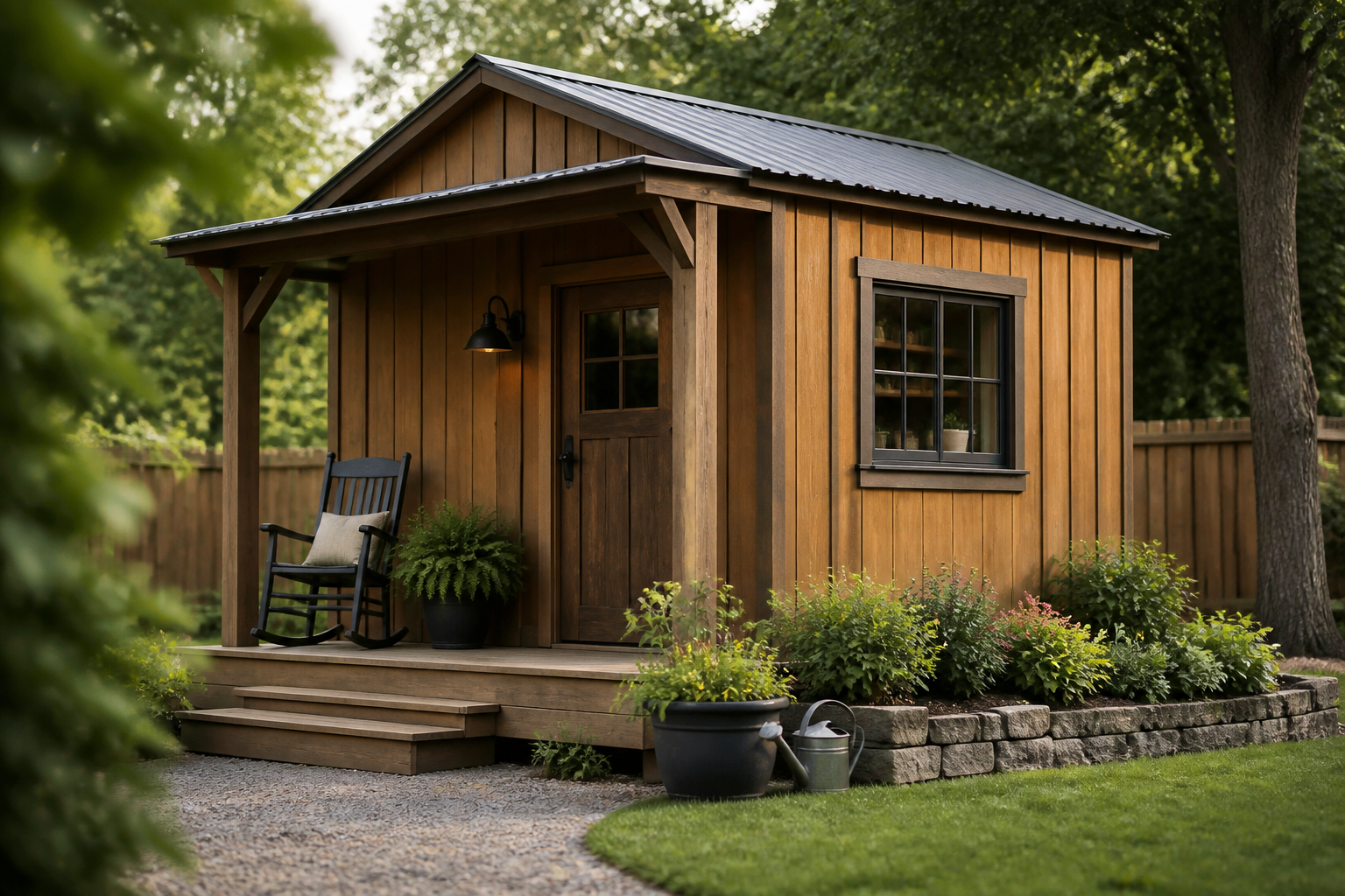 A cozy wooden homestead shed with a porch and window in a backyard setting.